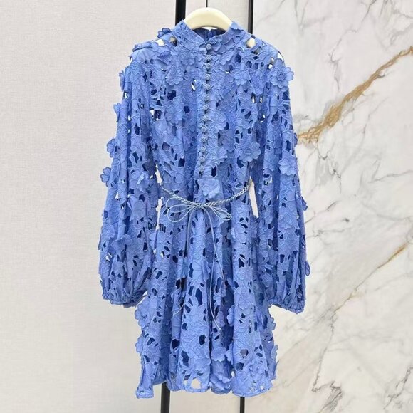 Zimmermann Dresses & Skirts - Zimmermann Blue Lace Mini Dress Long Sleeve Floral Lace Belted Dress